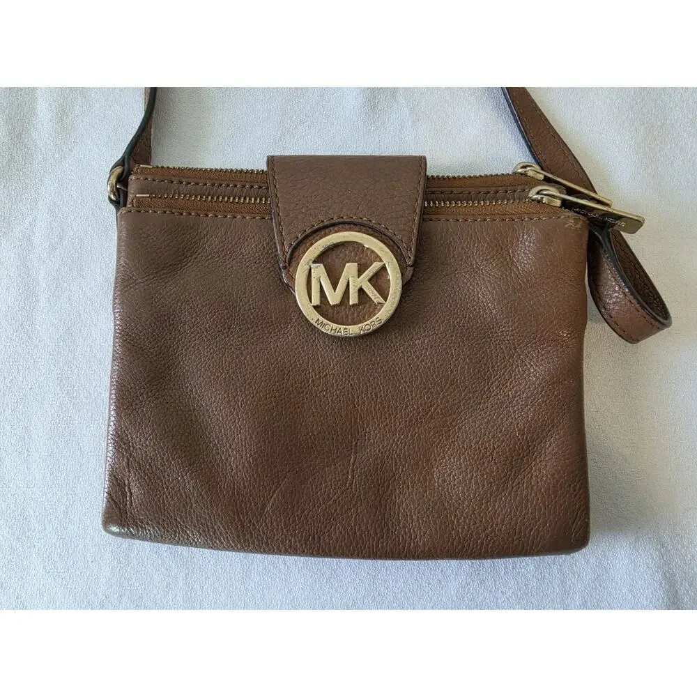 Michael Kors Fulton Double Zip Crossbody Bag Cognac Brown Pebbled Leather MK